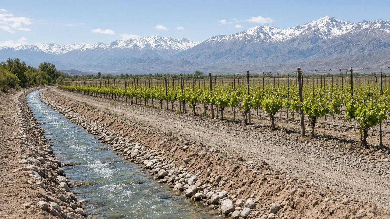 Clear water in an open canal at the edge of a vine row.