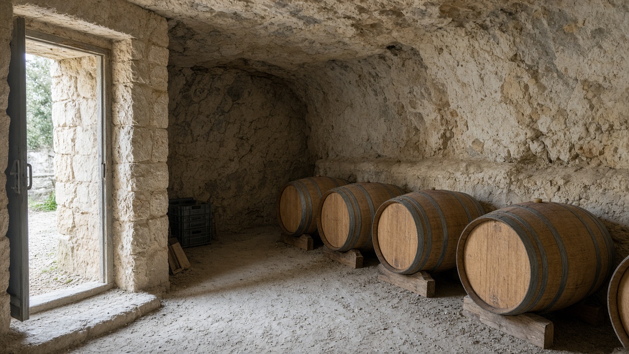 A limestone cellar with oak barrels.