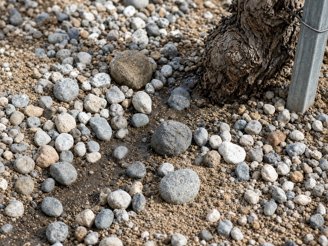 Close view of rounded gravel, coarse sand, and a vine trunk.