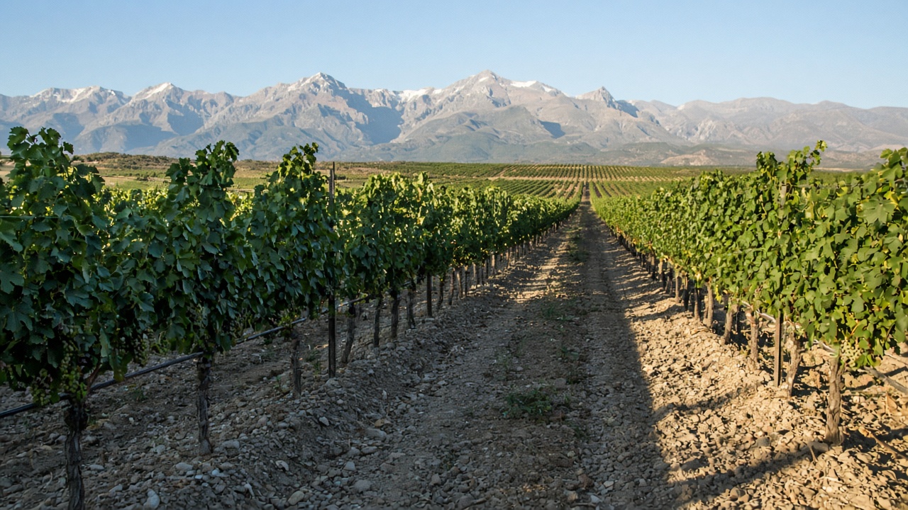 Mountain shadow moving across a vine row and the gravel beneath it.