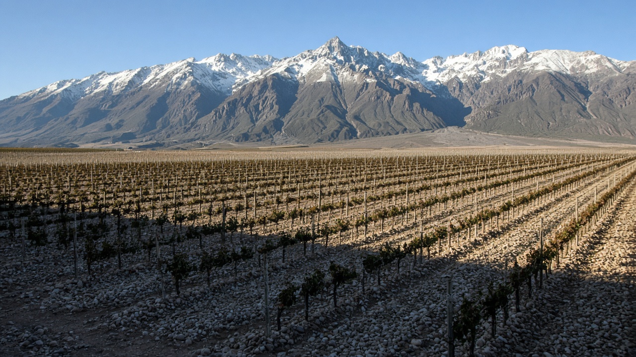 High vine rows in the Valle de Uco with the Andes immediately west.